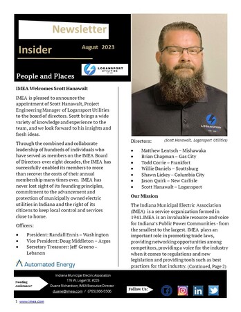 August Insider: IMEA Welcomes Scott Hanawalt, Project Engineering Manager of Logansport Utilities to the board of directors